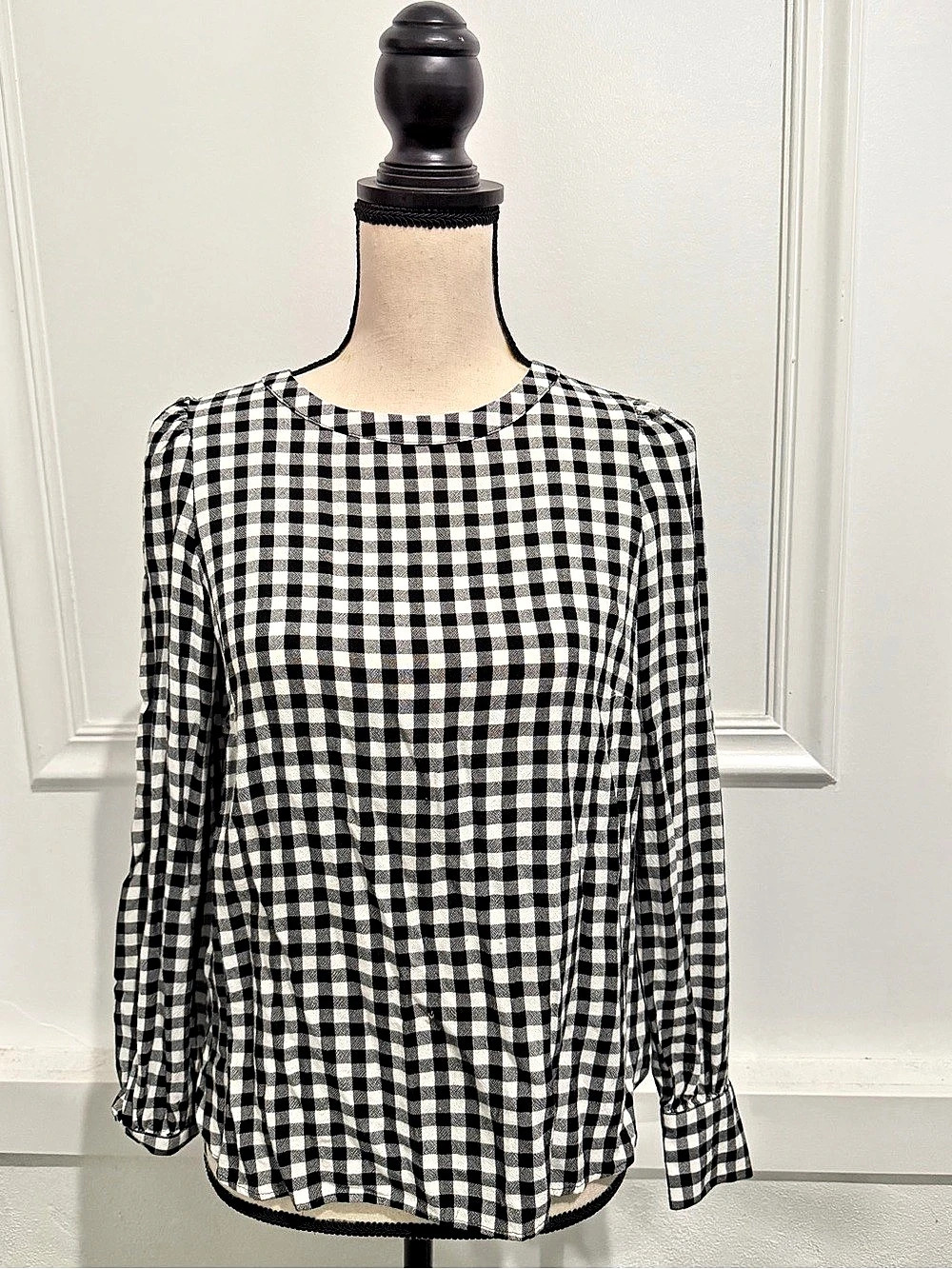 LOFT Gingham Pintucked Puff Sleeve Blouse Black & White XS